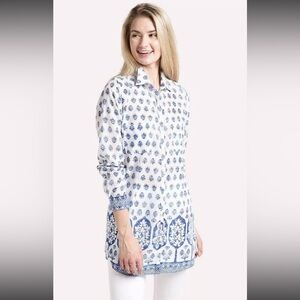 Jude Connally Tunic Top Collar Button Front White Blue Floral Print Sz S